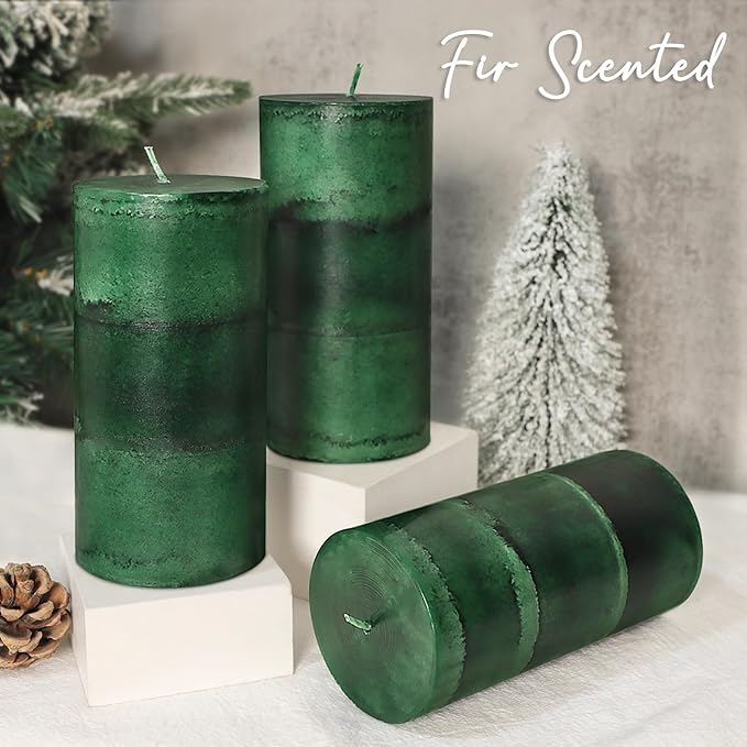 Dark Green Pillar Candles 3x6 Inch Fir Scented Candles Hand-Poured Long Lasting Burning Large Candle Holiday Forest Christmas Decoration Candle for Home Fragrance Gift Table Wedding 3 Pack