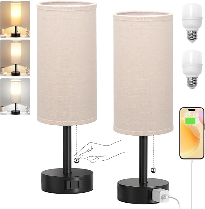 Fenmzee Bedside Table Lamps Set of 2-3 Color Temperatures Pull Chain Lamp with AC Outlet Charging Port, Round Night Stand Lamps for Bedroom Guest Room Office, Small Bed Side Light with E26 LED Bulbs
