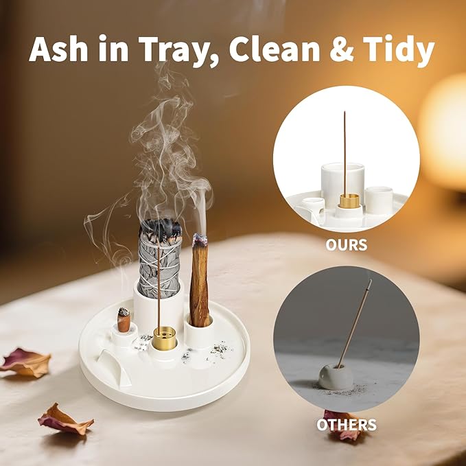 Luvan Palo Santo Holder, 5 in 1 Incense Holder for Burning Sage, Candle, Incense Sticks and Backflow Incense Cones - 6.06" Ceramic Ash Catcher Tray for Meditation Room Home Zen Decor