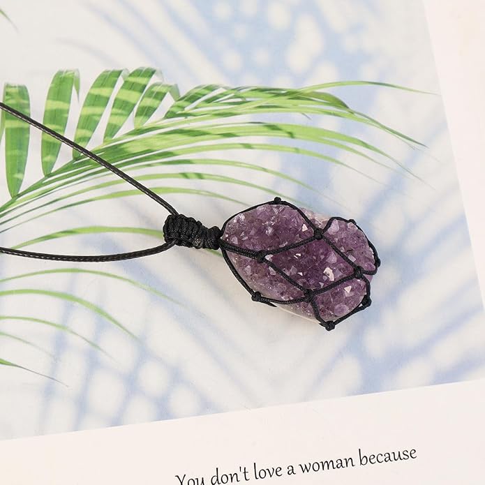 Handmade Natural Gemstone Crystal Pendant Necklace Stone Holder Necklace Cord Net Necklace with Adjustable Length for Women Men