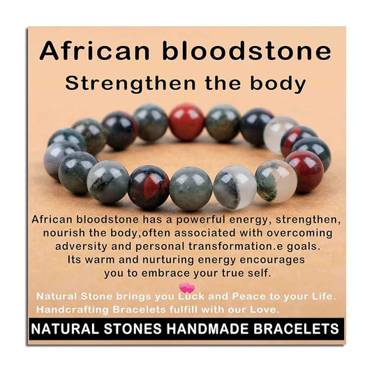 AD Beads Handmade Gemstone Stretch Elastic Bracelet Crystal Healing Reiki Nature's Beauty and Spiritual Essence Unisex (10mm, African Bloodstone (Strengthen the body))