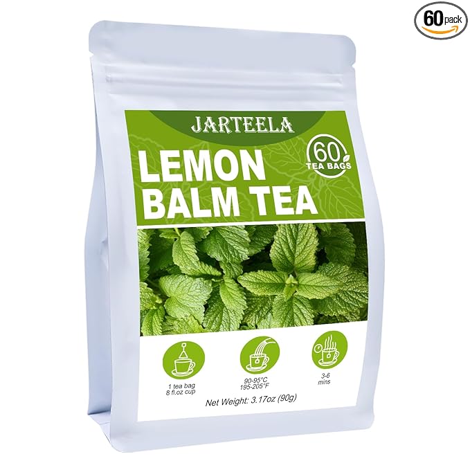 Jarteela Lemon Balm Tea, 1.5g x 60 Count - Natural Melissa Officinalis - Pyramid Herbal Lemon Balm Tea Bags for Digestion - Non-GMO - Caffeine-Free