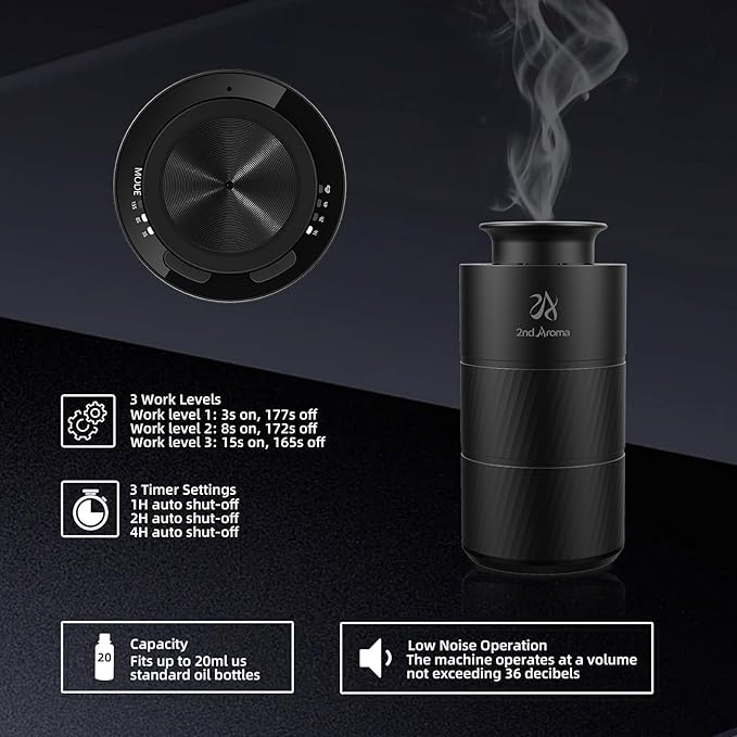 Car Freshener Diffuser, Aluminum Waterless Diffusers for Essential Oils, 20ml Portable USB Rechargeable Smart Aromatherapy Machine with 3 Timing & 3 Mist Levels for Car Room Office