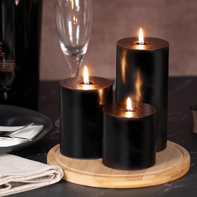 KONNI Black Pillar Candles Set of 3, 3"x 6" Unscented Pillar Candles Bulk, 56 Hours Long Burning Candles, Smokeless&Dripless Large Round Candle for Wedding, Home Decoration, Parties, Spas, Dinner