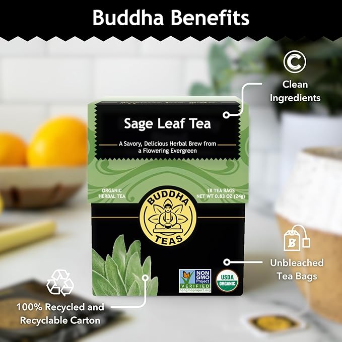 Buddha Teas - Organic Sage Leaf Tea - Herbal Tea - With Vitamins & Minerals - Clean Ingredients - Caffeine Free - OU Kosher - 18 Bleach-Free Tea Bags (Pack of 1)