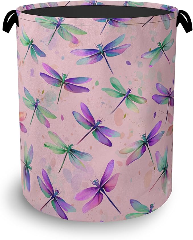 Colorful Dragonfly Laundry Basket,Foldable with Handles Tote Bag Oxford Cloth for Bathroom Bedroom Dirty Clothes Storage Bucket 16" x 20.8"