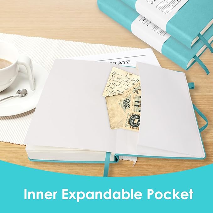 Journals for Writing, A5 Leather Ruled Notebook with 400 Pages, 100 Gms College Ruled Journal with Thick Paper, Hardcover with Inner Pocket & Pen Holder, Lake Green