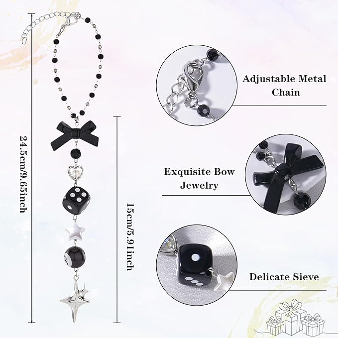 Black Bow Beaded Car Rearview Mirror Chain - Y2K Aesthetic Hanging Charm with 8 Ball & Star Pendant, Cute Car Interior Decor Ornament Accessory, Gift for Women Men