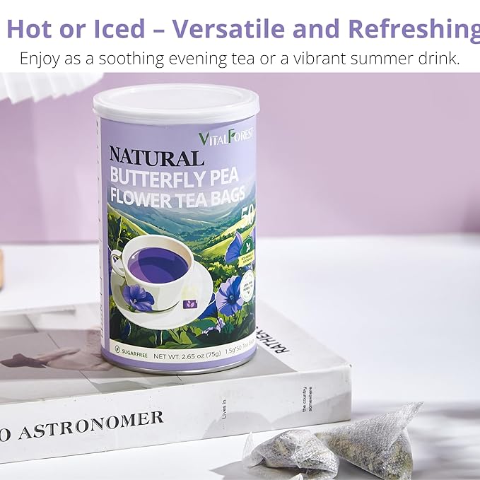 Butterfly Pea Flower Tea Bags – 50 Count, 100% Natural Butterfly Tea from Thailand, Caffeine-Free, Dried Blue Pea Flowers for Hot & Iced Tea, Vibrant Color-Changing for Relaxation & Wellness
