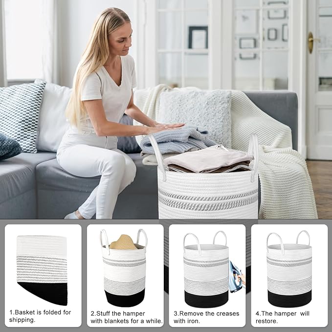 2 Pack Large Tall Rope Laundry Baskets, Cotton Laundry Hamper, Dirty Clothes Hampers Woven Basket, Blanket Basket Storage for Living Room, Dirty Clothes Baskets for Bedroom, Baby Room, 58L&28L Black