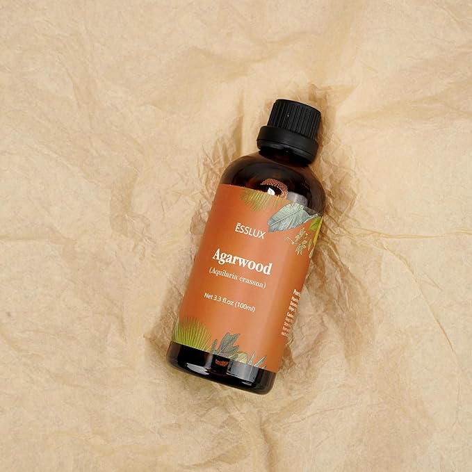 Agarwood Essential Oil 100 ml, ESSLUX Large Single Scented Oils 3.3 oz, Aromatherapy Oils for Diffuser, Massage, Soap, Candle Making, Perfume