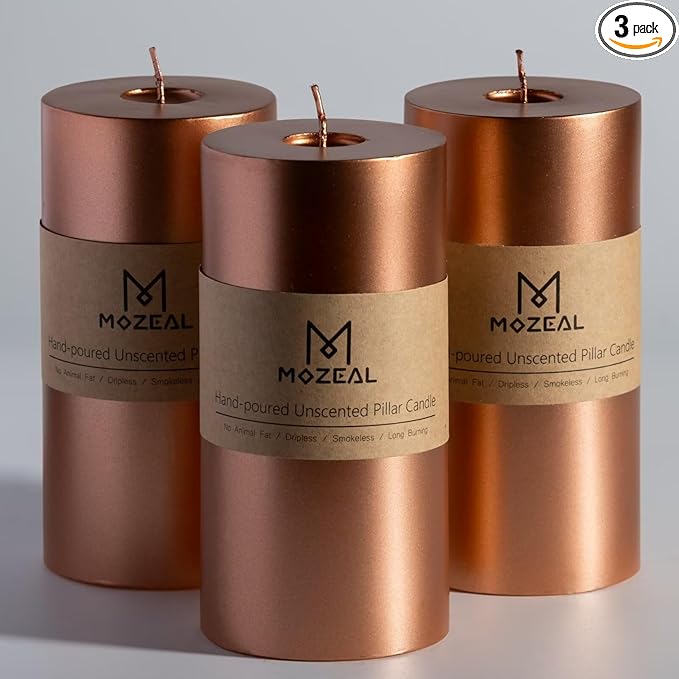 MOZEAL 3" x 6" Hand-Poured Unscented Candle, Dripless Pillar Candle Set of 3, Long Lasting Burning, Approx 120 Hours Burn Time, Rustic Country Style, for Harvest Festivities, Autumn Glow, Copper