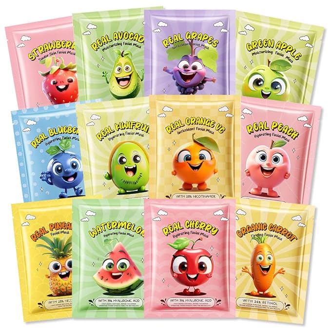 Kaely 12 Pack Fruit Face Masks for Kids, Kids Face Mask Spa Day Kit Supplies, Spa Party Favors for Teens Girls Women, Sheet Facial Mask Skincare Gifts Set, Moisturize Soothe for All Skin Types, 01