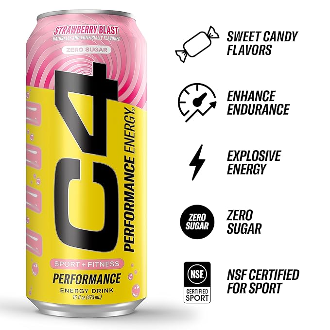Cellucor C4 Performance Energy Drink | Strawberry Blast | Zero Sugar Carbonated Preworkout Energy | 200mg Caffeine with Beta Alanine | 16 Fl Oz (12 Pack)