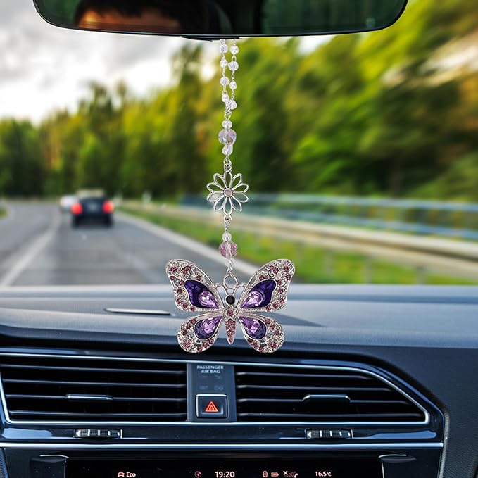 Car Mirror Hanging Accessories - Purple Butterfly Crystal Rhinestone Pendant for Rear View Mirror, Cute Car Interior Accessory for Women, Gift for Driver Mom Friends