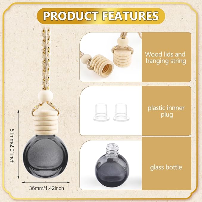 ConStore 20 Pack Black Hanging Car Air Freshener Bottle Empty Car Essential Oil Diffuser Bottles Pendant Black Glass Perfume Bottles Aromatherapy Fragrance Bottle Auto Ornaments Decor (oblate)