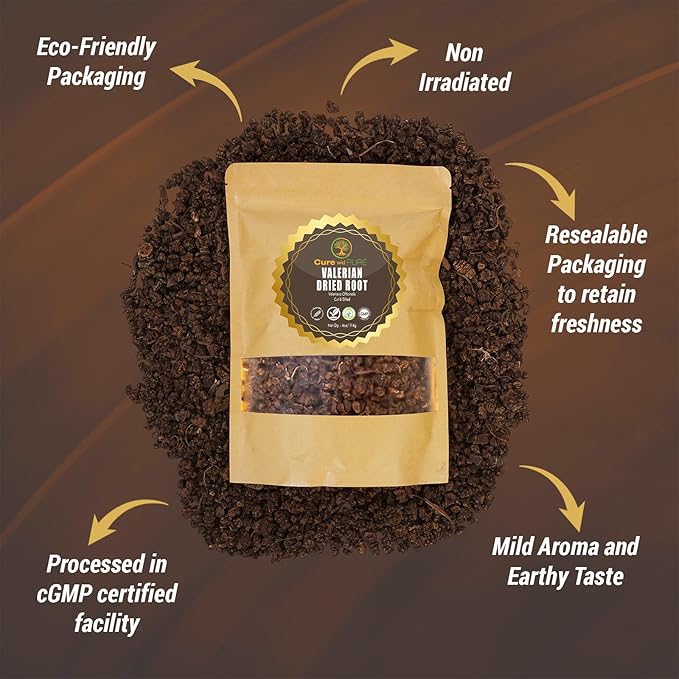 Cure wid Pure Organic Valerian Root Tea - Cut,Sifted & Non-Irradiated Valerian Tea Promotes Natural Relaxing Sleep - Te De Valeriana officinalis in Resealable Eco Friendly Pouch 16oz
