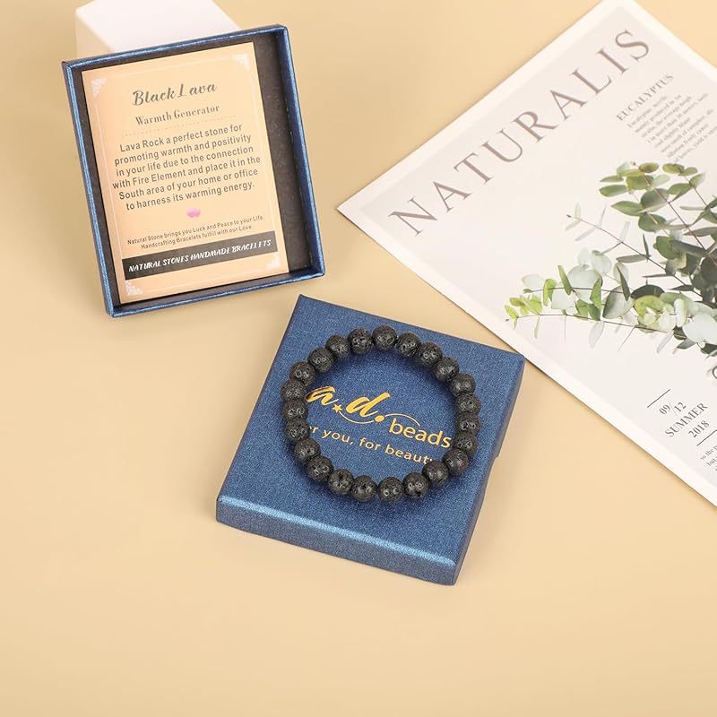 AD Beads Handmade Gemstone Stretch Elastic Bracelet Crystal Healing Reiki Nature's Beauty and Spiritual Essence Unisex (6mm, Black Lava (Warmth Generator))