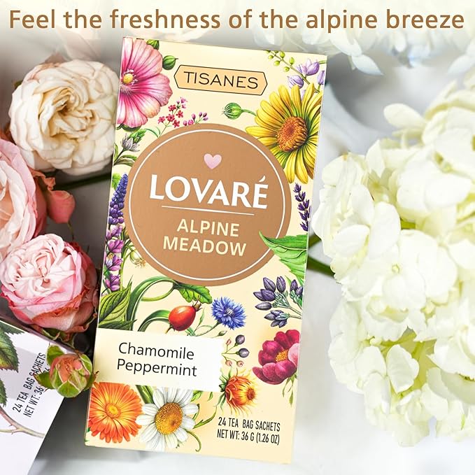 LOVARE Alpine Meadow Herbal Tea – Flavorful Blend with Fruits & Flowers – Caffeine-Free, Fragrant & Refreshing – 24 Tea Bags (1.5g Each) for Everyday Enjoyment (ALPINE MEADOW)