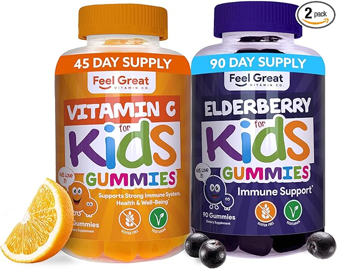Feel Great Immune Support Gummies for Kids Duo - 90 Day Supply - Zinc, Vitamin C, Elderberry - Gluten Free, Plant Based - Tasty Berry & Citrus Gummies