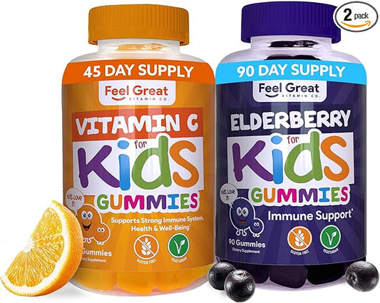 Feel Great Immune Support Gummies for Kids Duo - 90 Day Supply - Zinc, Vitamin C, Elderberry - Gluten Free, Plant Based - Tasty Berry & Citrus Gummies