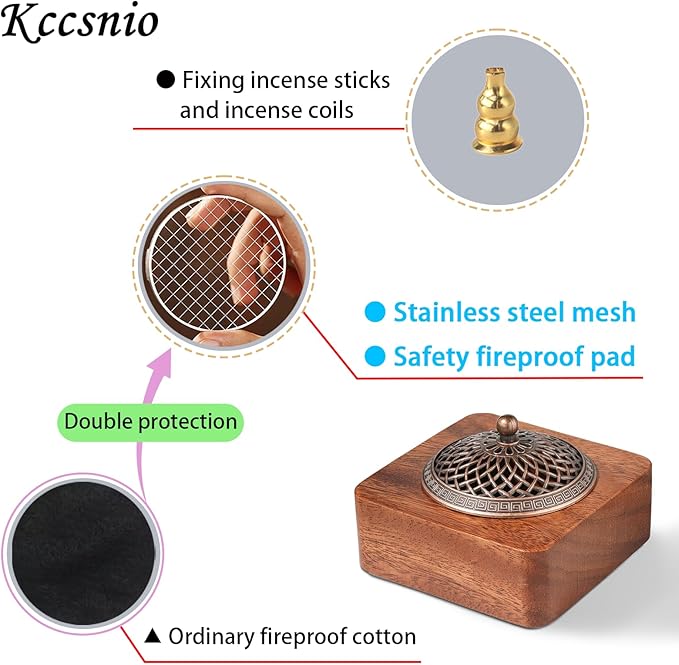 Acacia Wood Incense Burner for Cones & Coils, with Sticks Holder - 3-in-1, Zen Meditation Yoga Home Room Decor