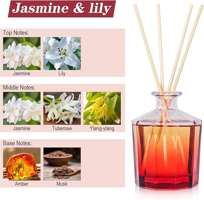 L'odeur Vill Reed Diffuser, 8.5 Oz(250ml) Jasmine Lily Bathroom Diffuser with 10 Sticks, Scented Diffuser Home Fragrance Essential Oil Reed Diffuser Set for Home Large Rooms Bathroom Shelf Decor