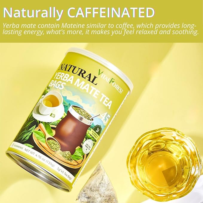45 Yerba Mate Tea Bags, VitalForest Unsmoked Yerba Mate from Rainforest, Energy Burst Yerba Tea