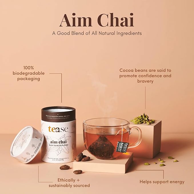Tease Tea Loose Chai Tea - Aim Chai Organic Tea, Organic Spiced Chai, Caffeinated Herbal Tea Made with Black Tea, Ginger, Cocoa Beans and Nutmeg for an Energizing and Immunity Boosting Support