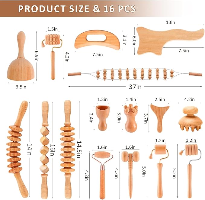 16-in-1 Wood Therapy Massage Tools Gua Sha, Maderoterapia Kit Muscle Pain Relief, Lymphatic Drainage, Body Sculpting Kit with Facial Wood Roller Fascia Massage