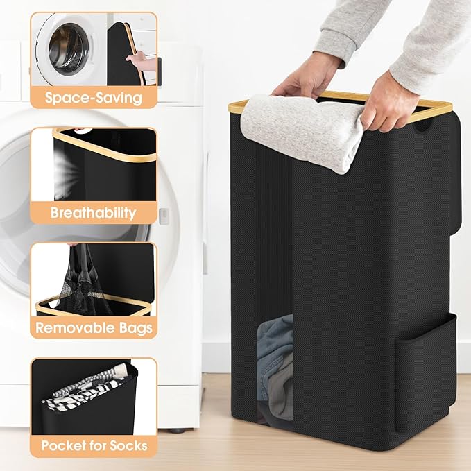Laundry Basket Clothes Hamper with Lid and Removable Bag Large Collapsible Laundry Baskets with Handle, Freestanding Hampers for Bedroom Aesthetic, Dorm, Bathroom, Laundry Room 100L (Black)