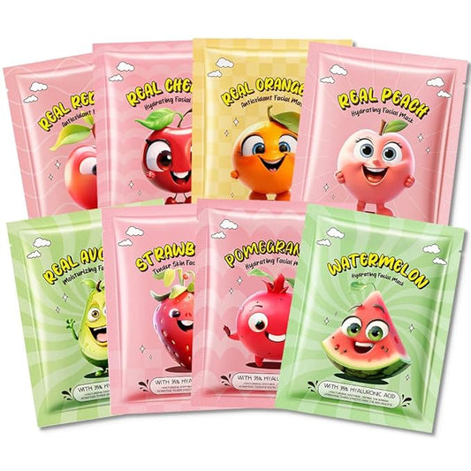 evpct 8 Pack Fruit Kids Face Masks for Kids Girls Spa, Girls Kids Facial Spa Day Slumber Sleepover Birthday Party Favors Supplies Kit for Girl, Kid Friendly Facial Face Masks Bulk Skincare for Kid, 01