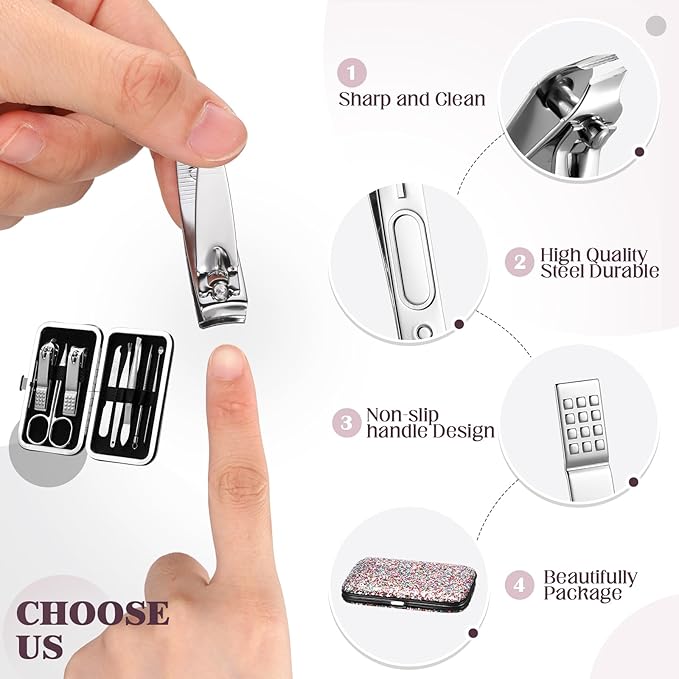 Geosar 12 Set 8 in 1 Manicure Set Stainless Steel Nail Clippers Kit Pedicure Care Tools with Leather Case Travel Grooming Kit Gift for Women Men(Glitter Candy Color)