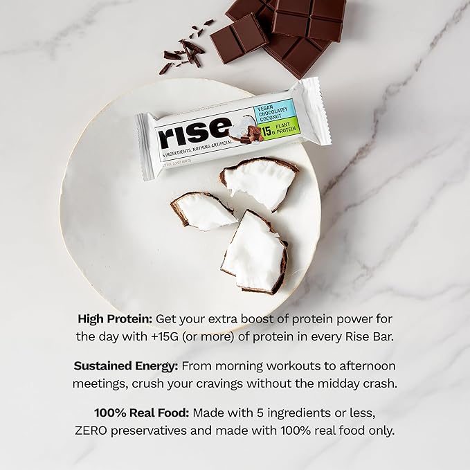 Rise Pea Protein Bar - Chocolately Coconut | Breakfast Bar & Protein Snack 15g Protein Just 5 Whole Food Ingredients Non-GMO Gluten-Free Soy Free
