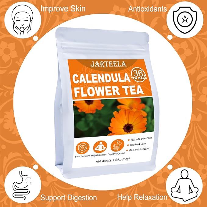 Jarteela Calendula Tea Bags, 1.5g x 36 - Natural, Non-GMO, Caffeine-free - Supports Digestion & Skin Health