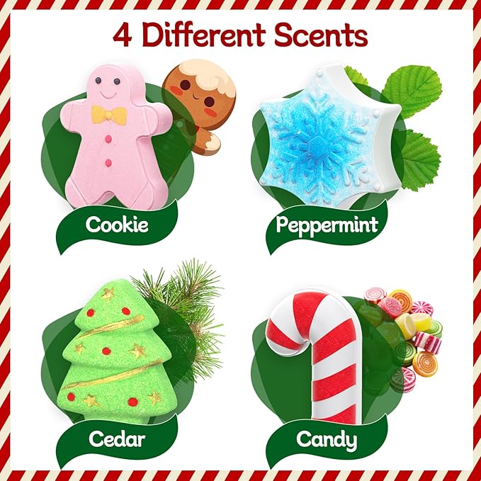 Bath Bombs Set, Shower Bombs, 4 PCS Handmade Bubble Bath with Gingerbread & Christmas Tree & Candy Cane & Snowflake, for Present Cute Women Boys and Girls