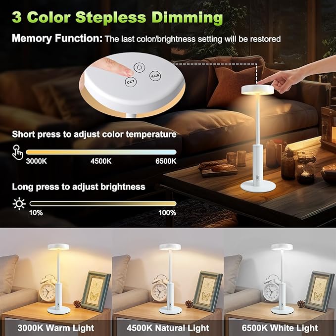 Cordless Table Lamp,Portable Rechargeable Battery Desk lamp,3 CCT & 7 RGB Color Changing Dimmable Bedside Lamp,Touch Control Ambient Light for Bedroom/Dining Room/Restaurant/Cafe(White)