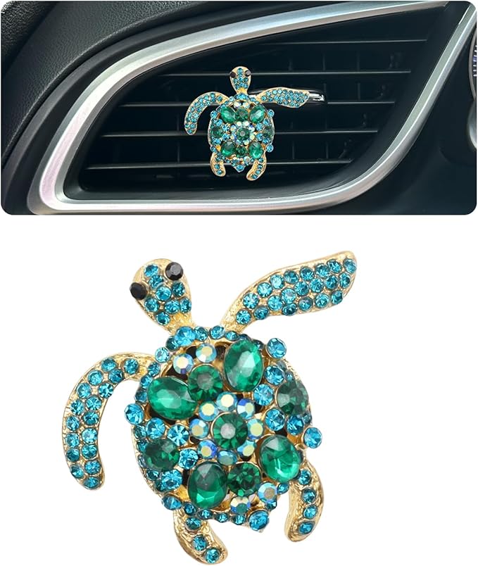 Sea Turtle Car Accessories,1pc Bling Turtle Air Vent Clip Car Air Freshener,Ocean Beach Theme Car Decor, Refillable Outlet Diffuser,Green Blue Rhinestone Accessories for Women