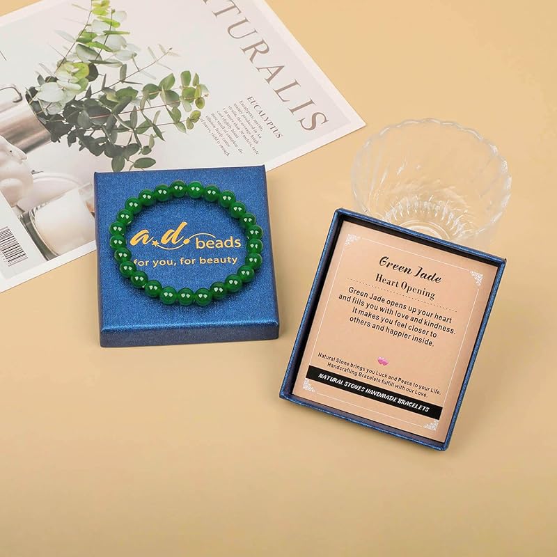 AD Beads Handmade Gemstone Stretch Elastic Bracelet Crystal Healing Reiki Nature's Beauty and Spiritual Essence Unisex (4mm, Green Jade (Heart Opening))