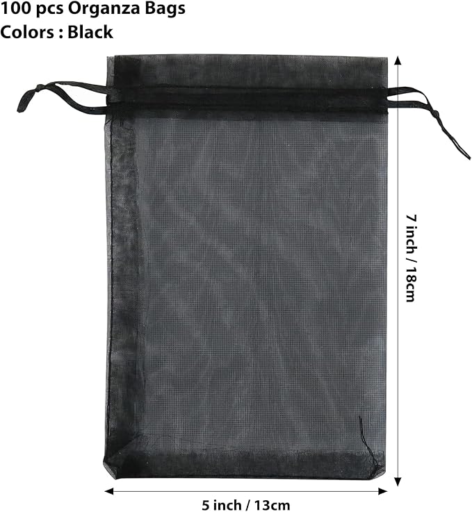 ANZNKU 100 Pack Organza Bags 5 x 7 inch, Premium Black Favor Bags with Drawstring for Halloween, Sheer Mesh Bag, Gift Bag Small Size, Mesh Pouches Drawstring Packaging Pouches for Wedding Party