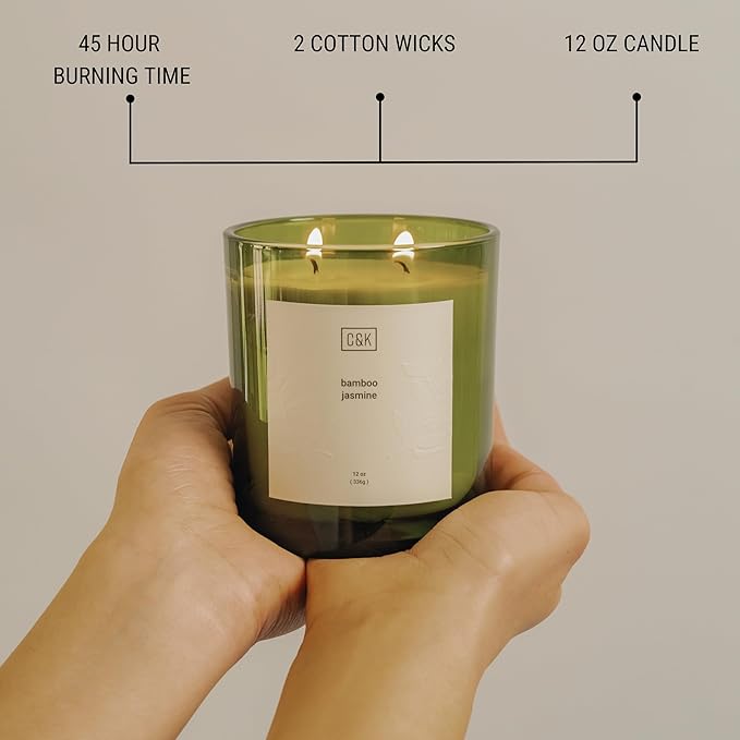 Craft & Kin 12oz Bamboo Jasmine Candle for Home | Premium Green Fall Scented Candles for Men | Made with Natural Soy | Gifts for Men and Women | Nature Collection