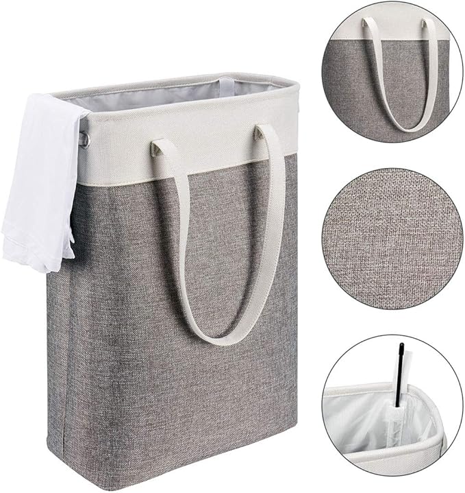 i BKGOO Laundry Basket with Handles white&Grey Coffee-Slim Laundry Bin Collapsible Dirty Clothes Basket Narrow Laundry Bag Foldable Dirty Hamper for Camping, Dorms, Apartments