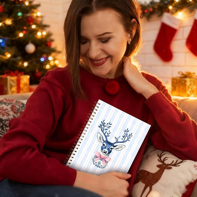 Exqcom Blue Chinoiserie Christmas Deer Spiral Notebook Gifts, Preppy Pink Bow Xmas Deer Journal for Women, Grandmillennial Christmas Hardcover Notebook Journal Office School Supplies, 5.5x8.3 Inch
