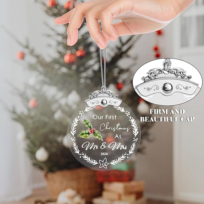 Christmas Tree Ornaments 3 Inch Clear Glass Blanks Round Print Ornament Christmas Hanging Decorative with Silver Ribbon (Mr & Mrs (2024))