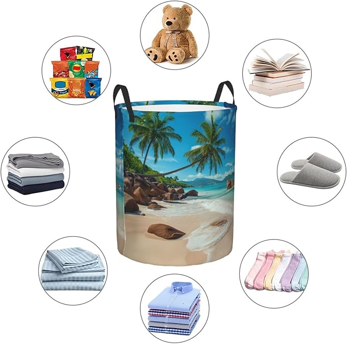 Laundry Basket Seaside Palm Trees Collapsible Large Capacity, 63L Dirty Clothes Basket Durable Lightweight Hamper With Handles Ideal For Clothes,Toys Home Organization15.7 * 19.6in