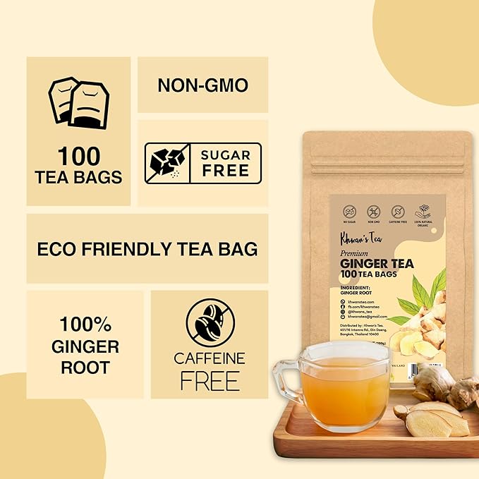 KHWAN’S TEA Ginger Tea Bags - Ginger Root Powder For Herbal Tea Bags, Caffeine Free Tea Bags, Supports Digestion, Soothing & Spicy (2g/Bag)