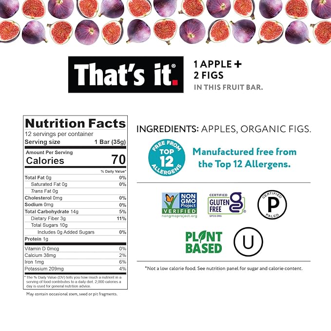 That's it. Apple + Fig Fruit Bars 100% All Natural, No Artificial Ingredients or Preservatives Delicious Healthy Snack for Children & Adults, Vegan, Gluten Free, Paleo, Kosher, Non GMO (12 Pack)