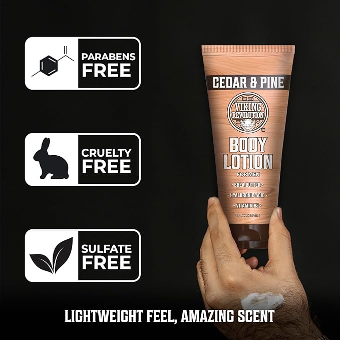Viking Revolution Cedar and Pine Body Lotion for Men – Mens Lotion for Dry Skin with Shea Butter, Hyaluronic Acid and Vitamin B5, Nourishing Mens Body Lotion for Hydrated and Smooth Skin (8oz, 1 Pack)