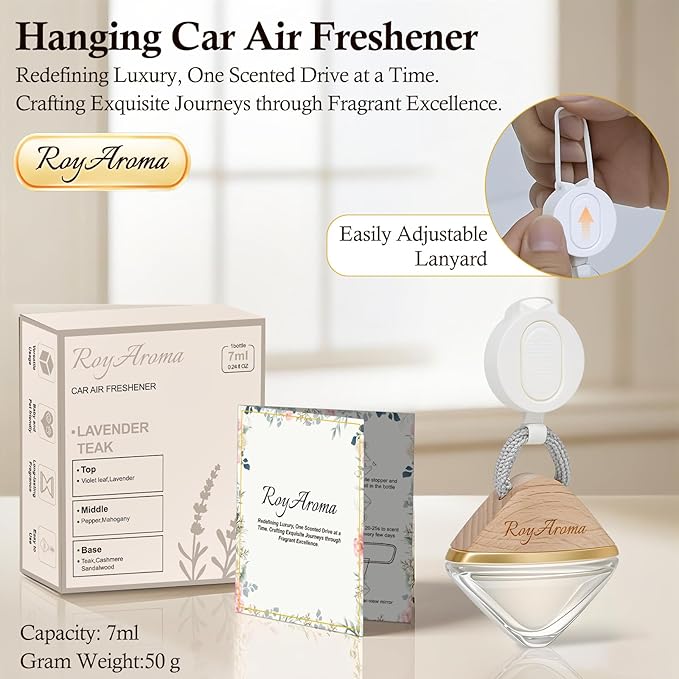 Long Lasting Car Air Freshener | Non-Toxic Hanging Car Diffuser with Adjustable Rope | Plant-Based Essential Oil Scent for Cars Freshener | Teak