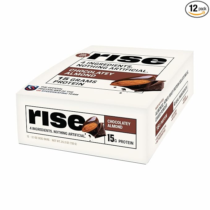 Rise Whey Protein Bars - Chocolatey Almond | Breakfast Bar & Protein Snack 15g Protein 5g Fiber Just 4 Whole Food Ingredients Gluten-Free Soy Free
